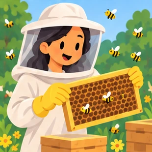 Illustration of a beekeeper at work
