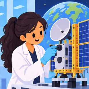 Illustration of a satellite engineer at work